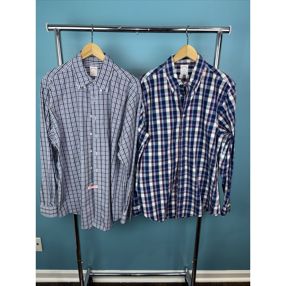Brooks Brothers Dress Shirt Gingham Check Mens Large Lot x 2 Plaid Button Down